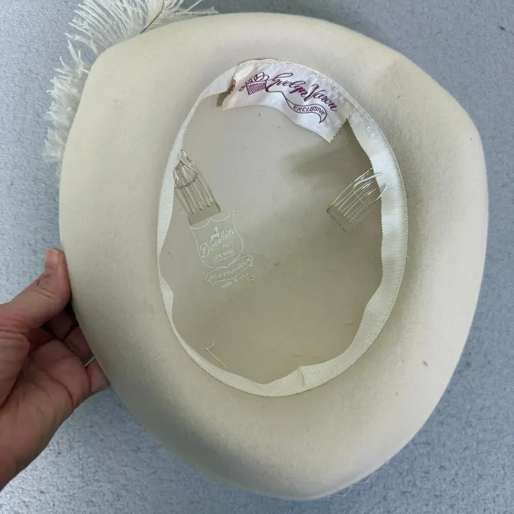 Vintage Evelyn Varon Exclusive Cream Felt Fringe Cloche Tilt Hat Women’s
